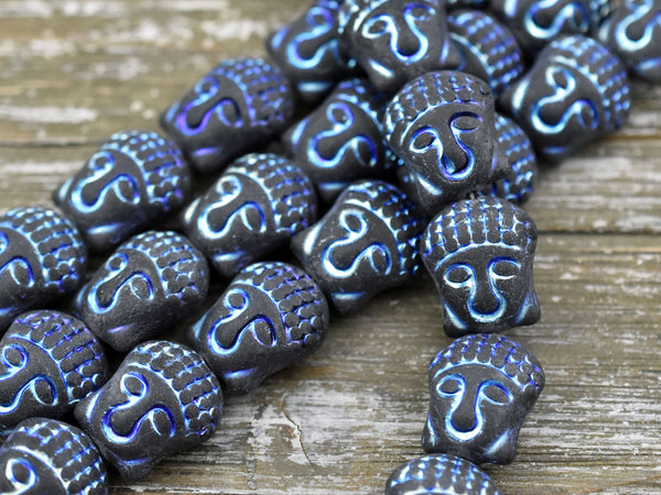 *4* 15x14mm Metallic Blue Washed Matte Black Buddha Head Beads