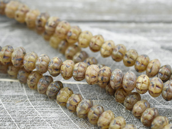 5x8mm Rustic Matte Champagne Beige Picasso Ribbed Rondelle Beads - 8" Strand