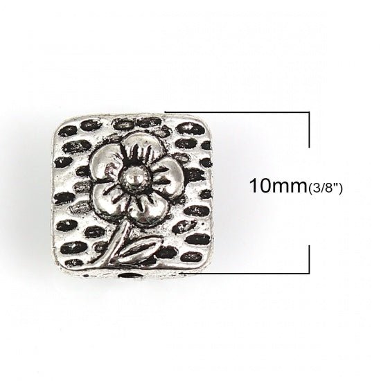*50* 10mm Antique Silver Flower Design Beveled Square Beads