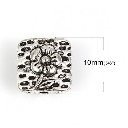 *50* 10mm Antique Silver Flower Design Beveled Square Beads