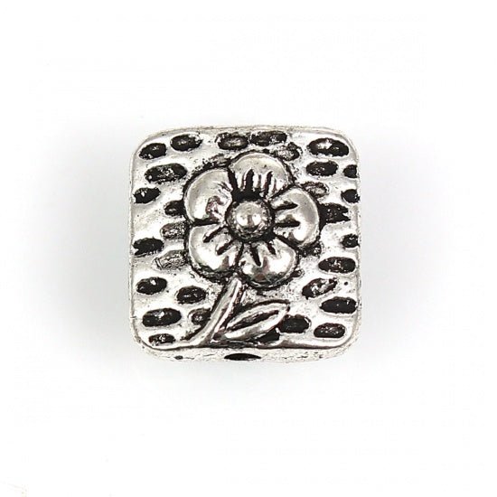 *50* 10mm Antique Silver Flower Design Beveled Square Beads