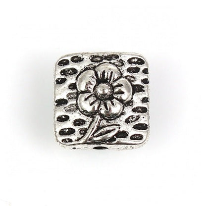 *50* 10mm Antique Silver Flower Design Beveled Square Beads