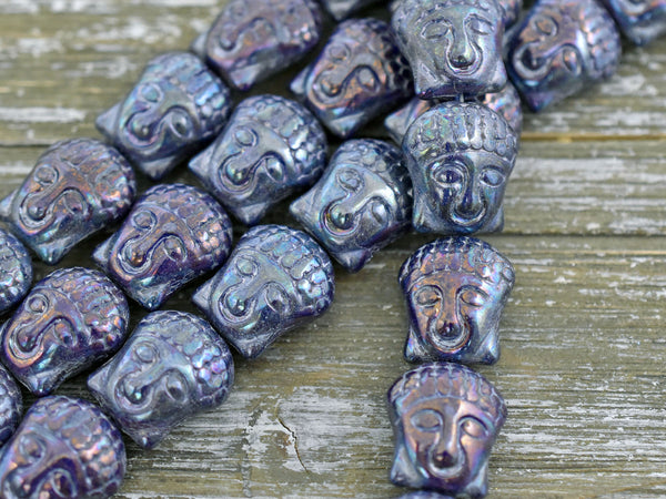 *4* 15x14mm Navy Rainbow Iris Buddha Head Beads