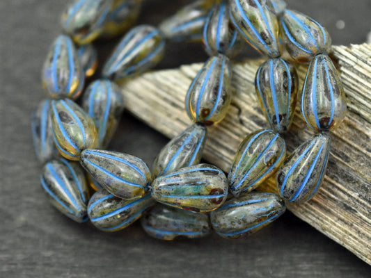 *10* 13x8mm Turquoise Washed Amber Picasso Melon Drop Beads