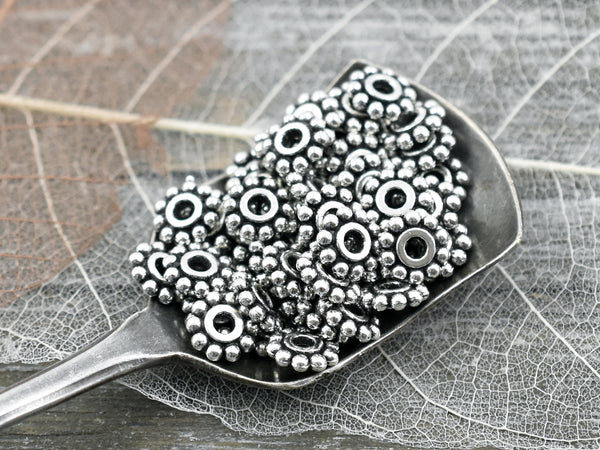 6.5mm Antique Silver Daisy Spacer Beads -- Choose Your Quantity
