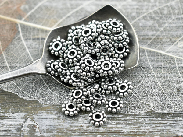 6.5mm Antique Silver Daisy Spacer Beads -- Choose Your Quantity