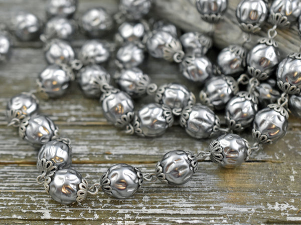 10mm Czech Glass Silver Pearl Chain with Antique Silver Caps -- Sold by the foot