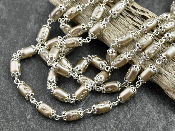 10x5mm Czech Glass Satin Taupe Pearl Chain w/ Bright Silver -- Sold by the foot
