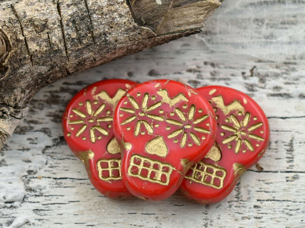 *4* 20x17mm Gold Washed Coral Red Sugar Skull Beads