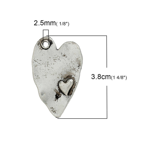 *5* 38x24mm Antique Silver Hammered Heart Pendants