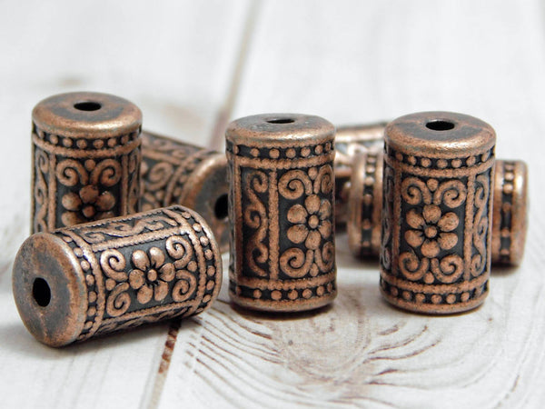 *4* 17x10mm Antique Copper Floral Drum Beads