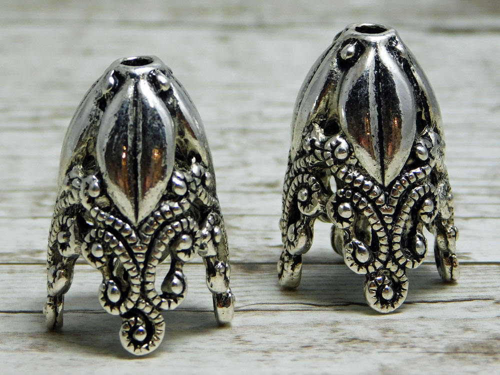 *2* 29x19mm Antique Silver Ornate Tall Bead Caps