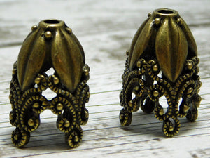 Tassel Caps - Tassel Cones - Bronze Bead Caps - Large Bead Cap -Ornate - 29x19mm - Tall Bead Caps - Large Beads Caps - 2pc  (2738)