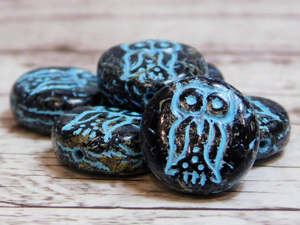 Picasso Beads - Czech Glass Beads - Owl Beads - Czech Glass Owl - Owl Coin - Coin Beads - Owl Pendant - 6pcs - 13mm - (3040)