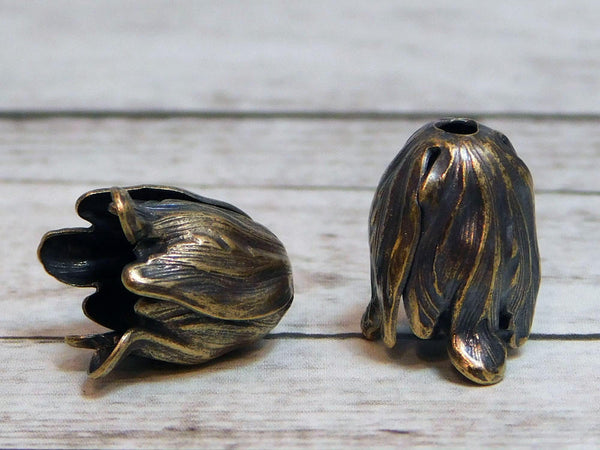 12x9mm - Tassel Caps - Tassel End Caps - Bronze Bead Caps - Large Bead Cap - Tulip Bead Cap - Kumihimo Caps - 2pc - (2241)