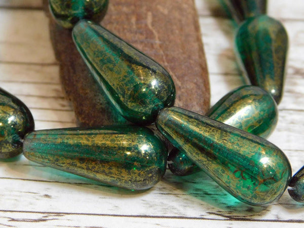Drop Beads - Teardrop Beads -  Emerald Green - Czech Glass Beads - Teardrops - Czech Beads - Czech Picasso Beads - 6pcs - 19x9mm- (4468)