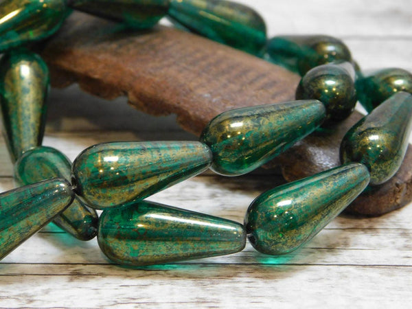 Drop Beads - Teardrop Beads -  Emerald Green - Czech Glass Beads - Teardrops - Czech Beads - Czech Picasso Beads - 6pcs - 19x9mm- (4468)