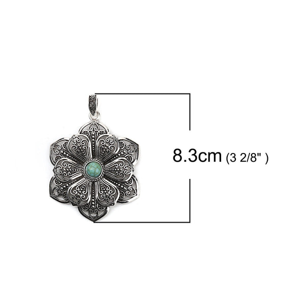 Filigree Pendant - Bohemian Pendant - Flower Pendant - Silver Pendants - Large Pendants - Metal Pendant - (2434)