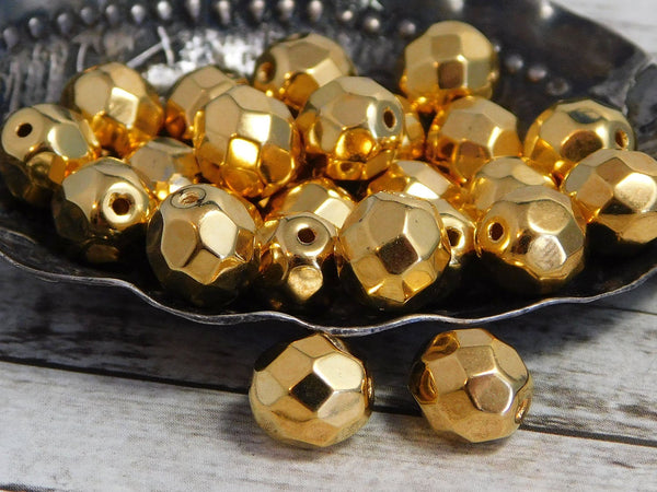Czech Glass Fire Polished Faceted Round Gold Beads -- Choose from 4mm 6mm or 8mm