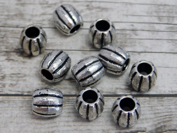 Silver Floral Beads, Barrel Bead with Flower Pattern