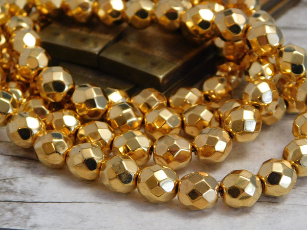 Czech Glass Fire Polished Faceted Round Gold Beads -- Choose from 4mm 6mm or 8mm