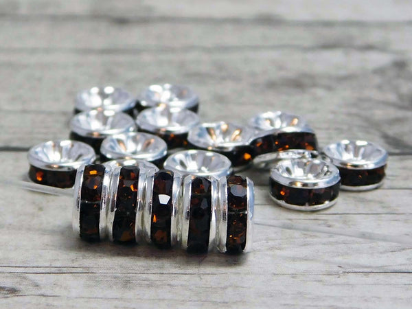 Silver w/Smokey Topaz Rhinestone Rondelle Spacer Beads