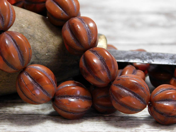 *6* 12mm Brown Washed Ochre Orange Round Melon Beads Czech Glass Beads by GR8BEADS - The Bead Obsession