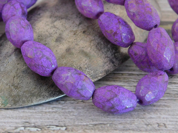 Czech Glass Beads - Etched Beads - Purple Beads - Faceted Beads - Fire Polished Beads - Oval Beads - 12x8mm - 6pcs (A299)