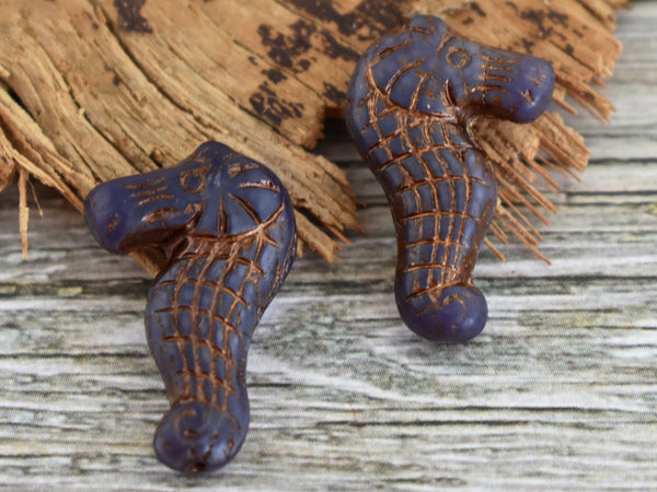 Czech Glass Beads - Seahorse Beads - Patina Beads - Picasso Beads - Sea Creature Beads - 2pcs - 28x18mm (3542)