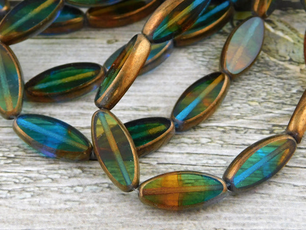 Czech Glass Beads - Spindle Beads - Picasso Beads - Oval Beads - Marquise Oval - 18x7mm - 6pcs - (A278)