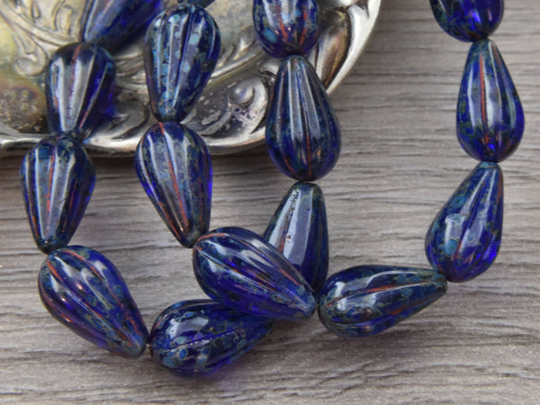 Picasso Beads - Czech Glass Beads - Melon Beads - Teardrop Beads - Drop Beads - Tucson Beads - 13x8mm - 6pcs - (4012)