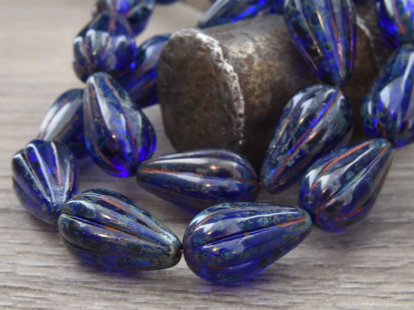 Picasso Beads - Czech Glass Beads - Melon Beads - Teardrop Beads - Drop Beads - Tucson Beads - 13x8mm - 6pcs - (4012)