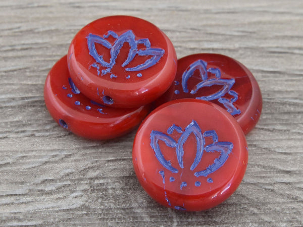 Czech Glass Beads - Lotus Beads - NEW SIZE! - 14mm - Picasso Beads - Lotus Flower Beads - 4pcs - (1721)