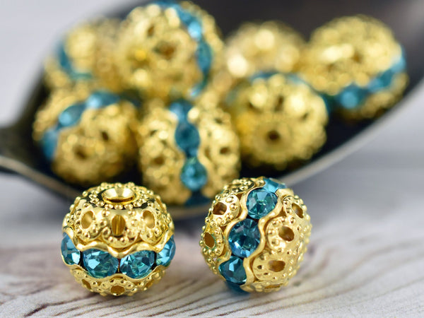 Gold w/Aquamarine Rhinestone Filigree Round Beads -- Choose Your Size