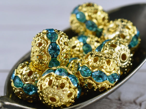Gold w/Aquamarine Rhinestone Filigree Round Beads -- Choose Your Size