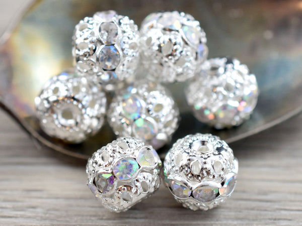 Bright Silver w/Crystal AB Rhinestone Filigree Round Beads -- Choose Your Size