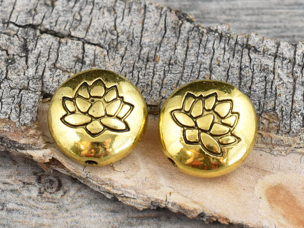 *6* 14mm Antique Gold Lotus Flower Design Coin Beads