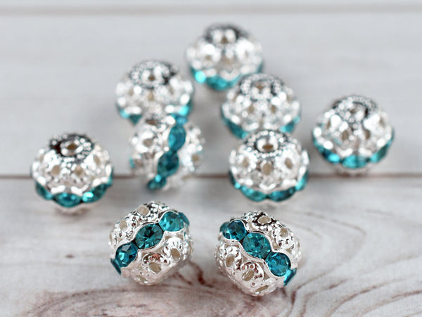 Silver w/Aquamarine  Rhinestone Filigree Round Beads -- Choose Your Size