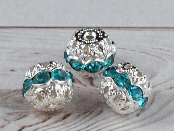 Silver w/Aquamarine  Rhinestone Filigree Round Beads -- Choose Your Size
