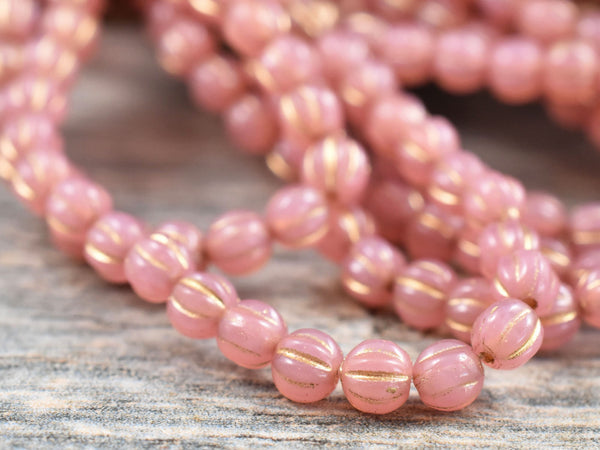 Melon Beads - Czech Glass Beads - Fluted Beads - Round Beads - Pink Beads - Picasso Beads - 4mm - 50pcs - (4095)