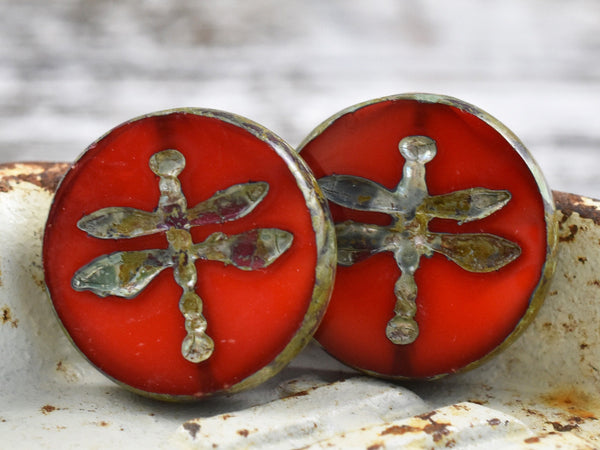 Picasso Beads - Czech Glass Beads - Dragonfly Beads - Dragonfly Coin - Dragonfly Pendant - Czech Glass Dragonfly - 18mm - 2pcs -(3773)
