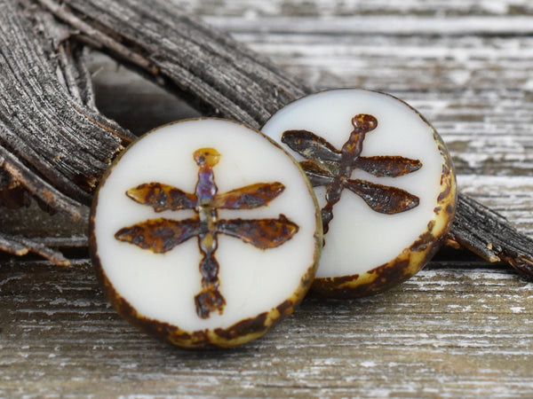 Picasso Beads - Czech Glass Beads - Dragonfly Beads - Dragonfly Coin - Dragonfly Pendant - Czech Glass Dragonfly - 18mm - 2pcs - (A121)