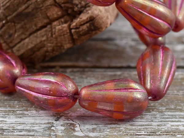 Czech Glass Beads - Tear Drop Beads - Picasso Beads - Melon Beads - Drop Beads - 15x8mm - 6pcs - (A545)
