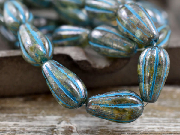 Czech Glass Beads - Picasso Beads - Melon Beads - Tear Drop Beads - Drop Beads - 15x8mm - 6pcs - (A550)