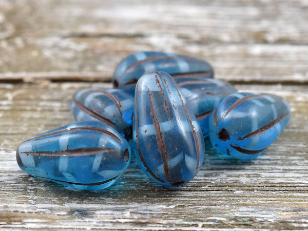 Czech Glass Beads - Picasso Beads - Melon Beads - Tear Drop Beads - Drop Beads - 15x8mm - 6pcs - (A546)