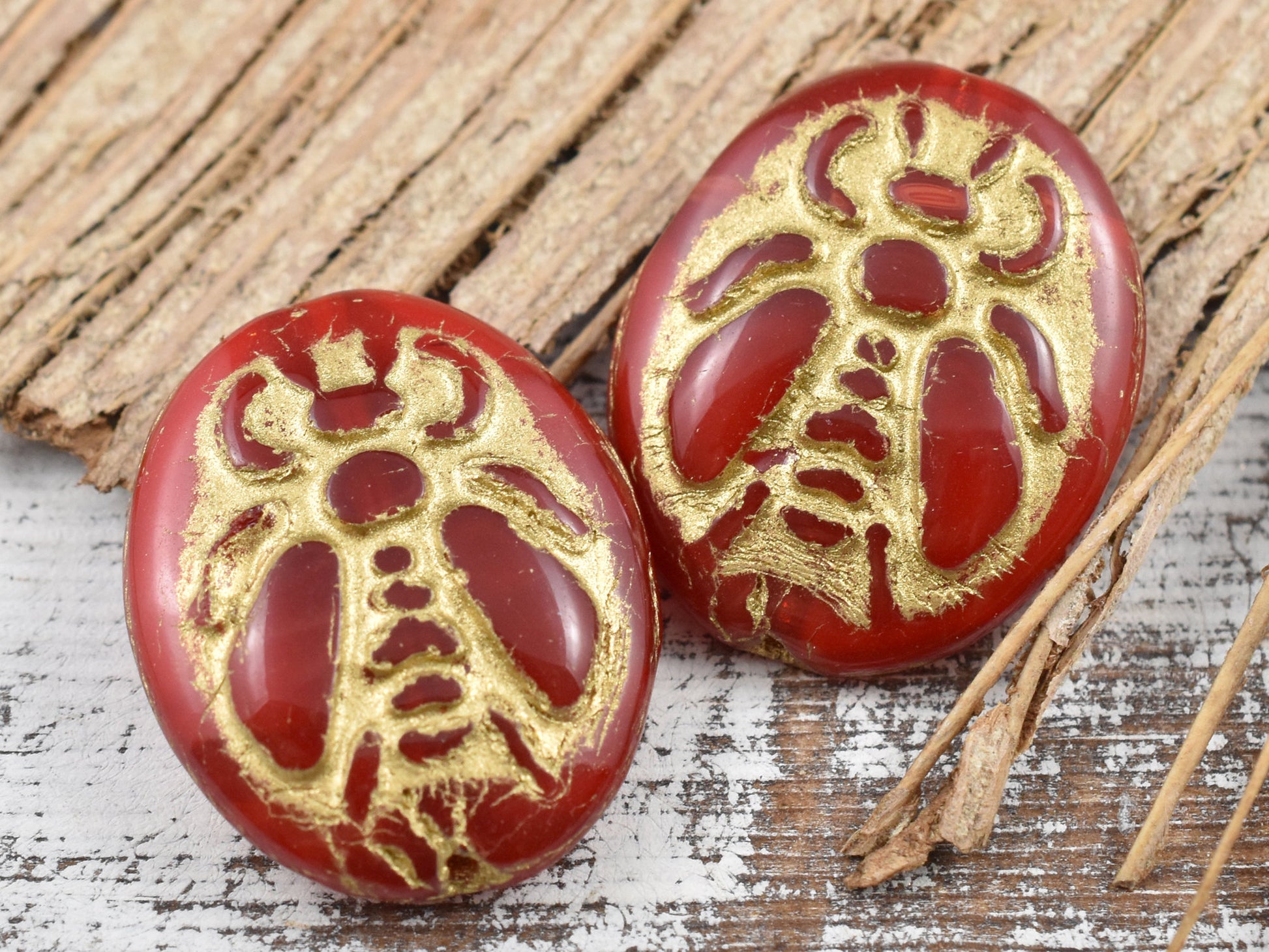 4* 22x18mm Gold Washed Red Opal Silk Bumblebee Oval Beads – The