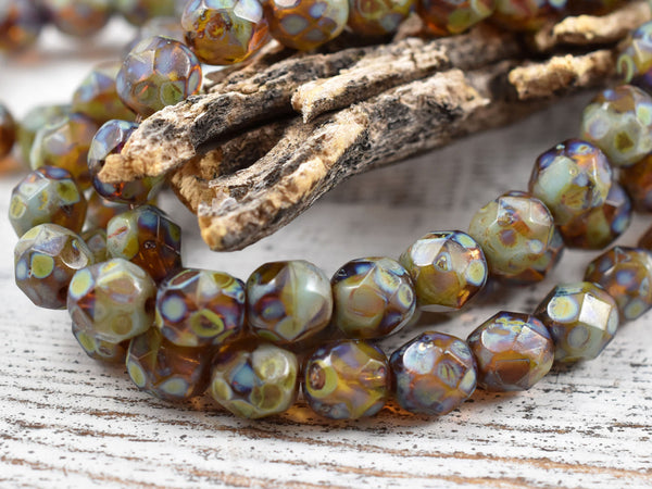 Picasso Beads - Czech Glass Beads - Fire Polished Beads - 6mm Beads - Round Beads - 25pcs - (3658)