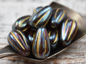 Czech Glass Beads - Melon Drop Beads - Tear Drop Beads - Picasso Beads - 8x12mm - 6pcs - (A576)