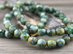 Picasso Beads - 6mm Beads - Czech Glass Beads - Fire Polished Beads - Round Beads - Green Beads - Rustic Beads - 25pcs (1686)