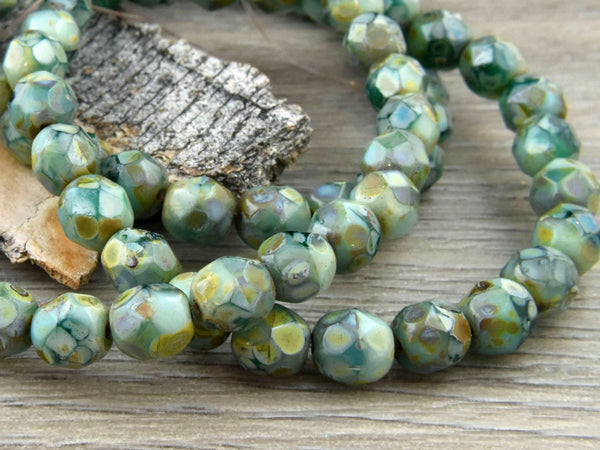 Picasso Beads - 6mm Beads - Czech Glass Beads - Fire Polished Beads - Round Beads - Green Beads - Rustic Beads - 25pcs (1686)
